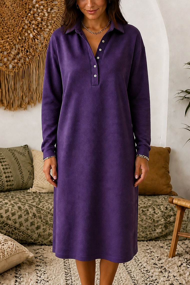 Fleece Polo Collar Midi Dress in Purple