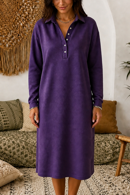 Fleece Polo Collar Midi Dress in Purple