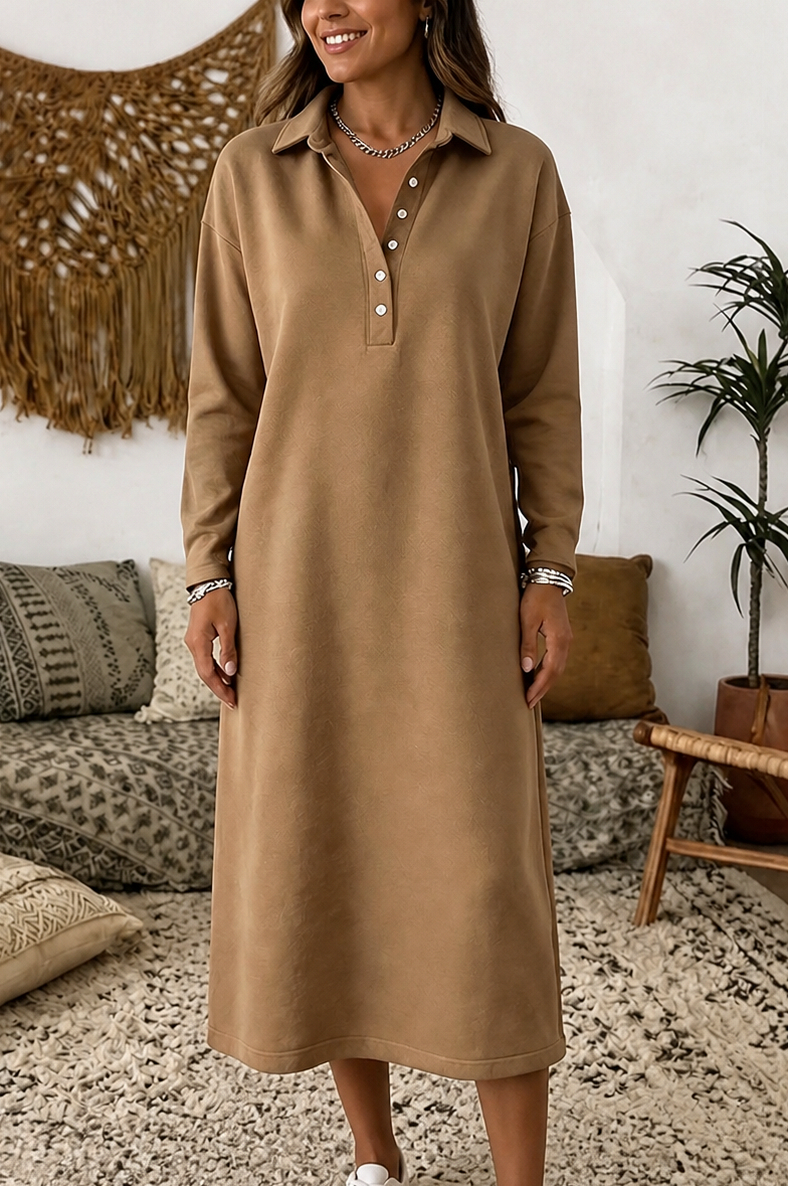 Fleece Polo Collar Midi Dress in Khaki