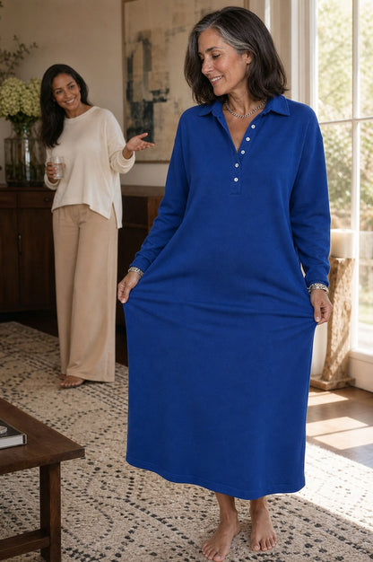 Fleece Polo Collar Midi Dress