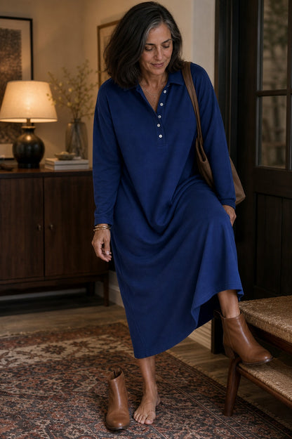 Fleece Polo Collar Midi Dress