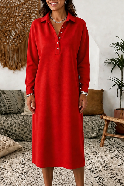 Fleece Polo Collar Midi Dress in Red