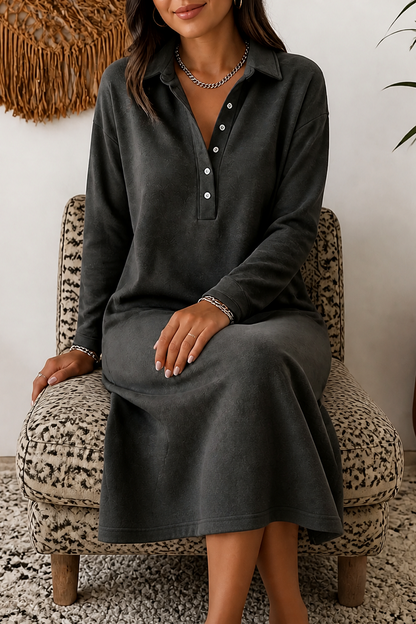 Fleece Polo Collar Midi Dress in Black