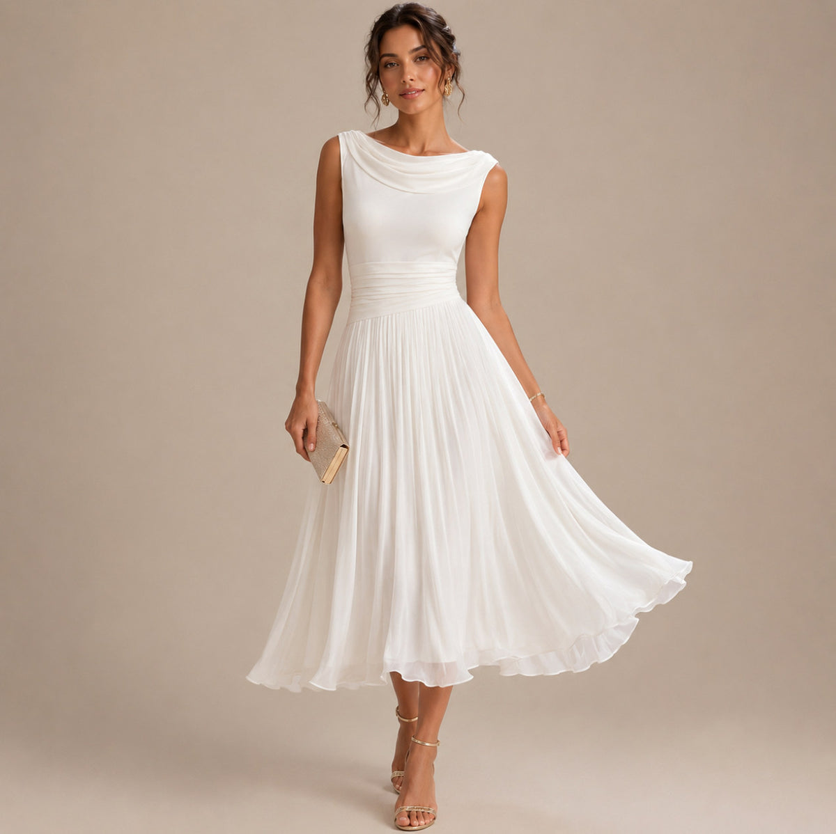 Cowl Neck Pleated Midi Dress in White
