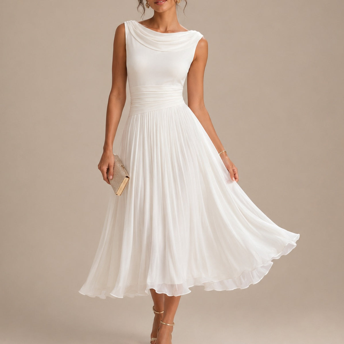 Cowl Neck Pleated Midi Dress