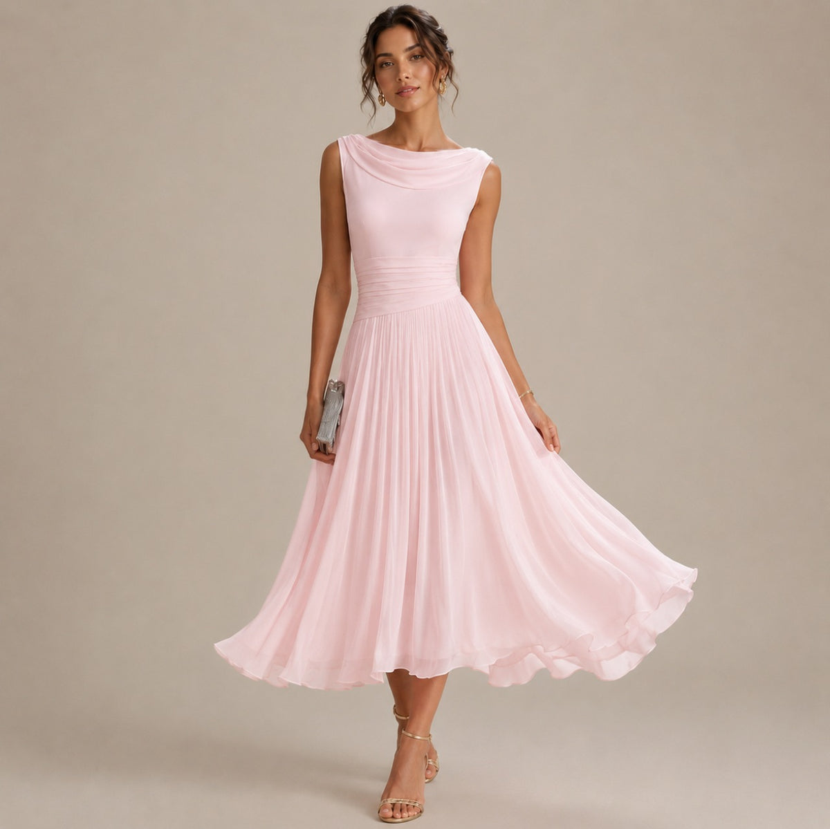 Cowl Neck Pleated Midi Dress in Pink