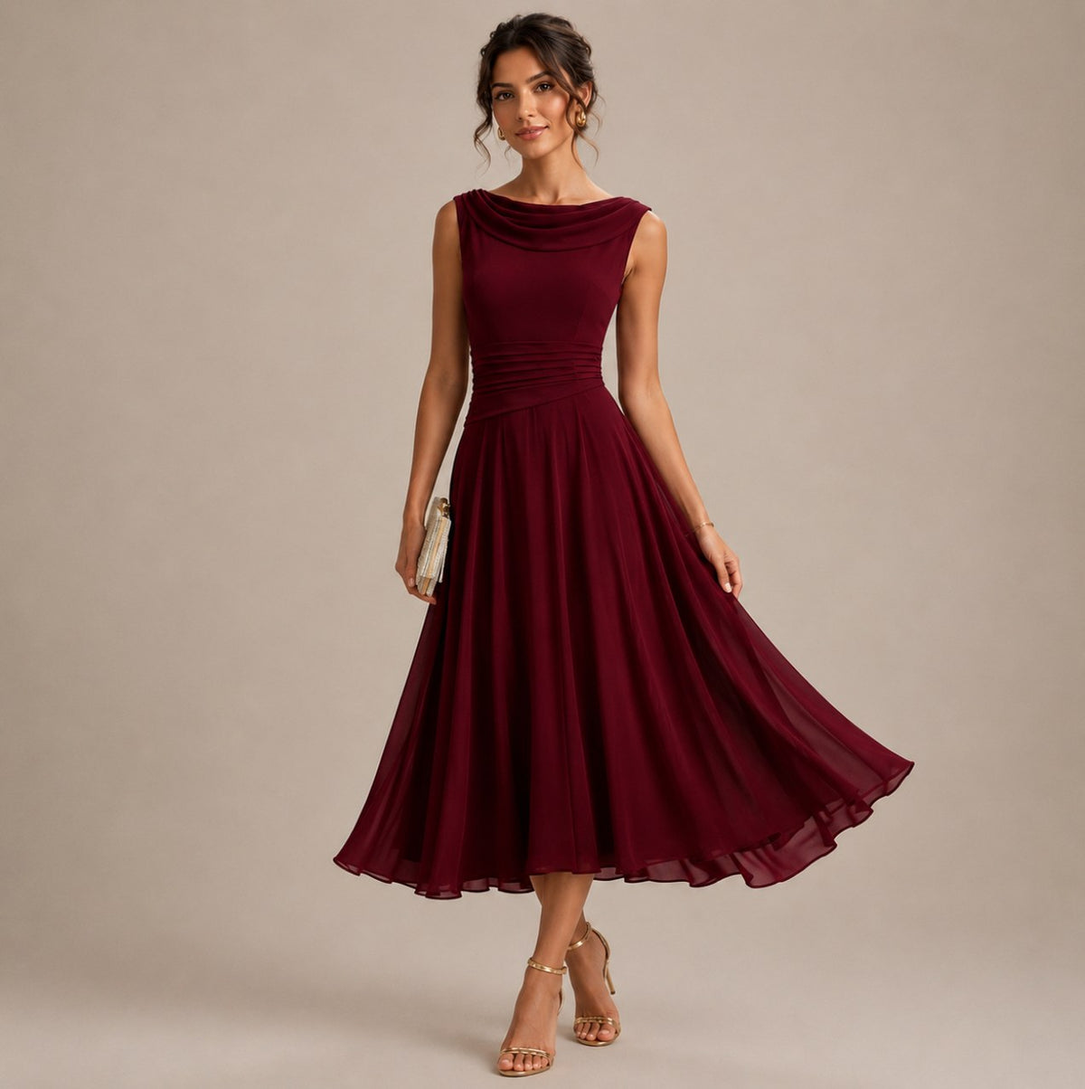 Cowl Neck Pleated Midi Dress in Wine Red