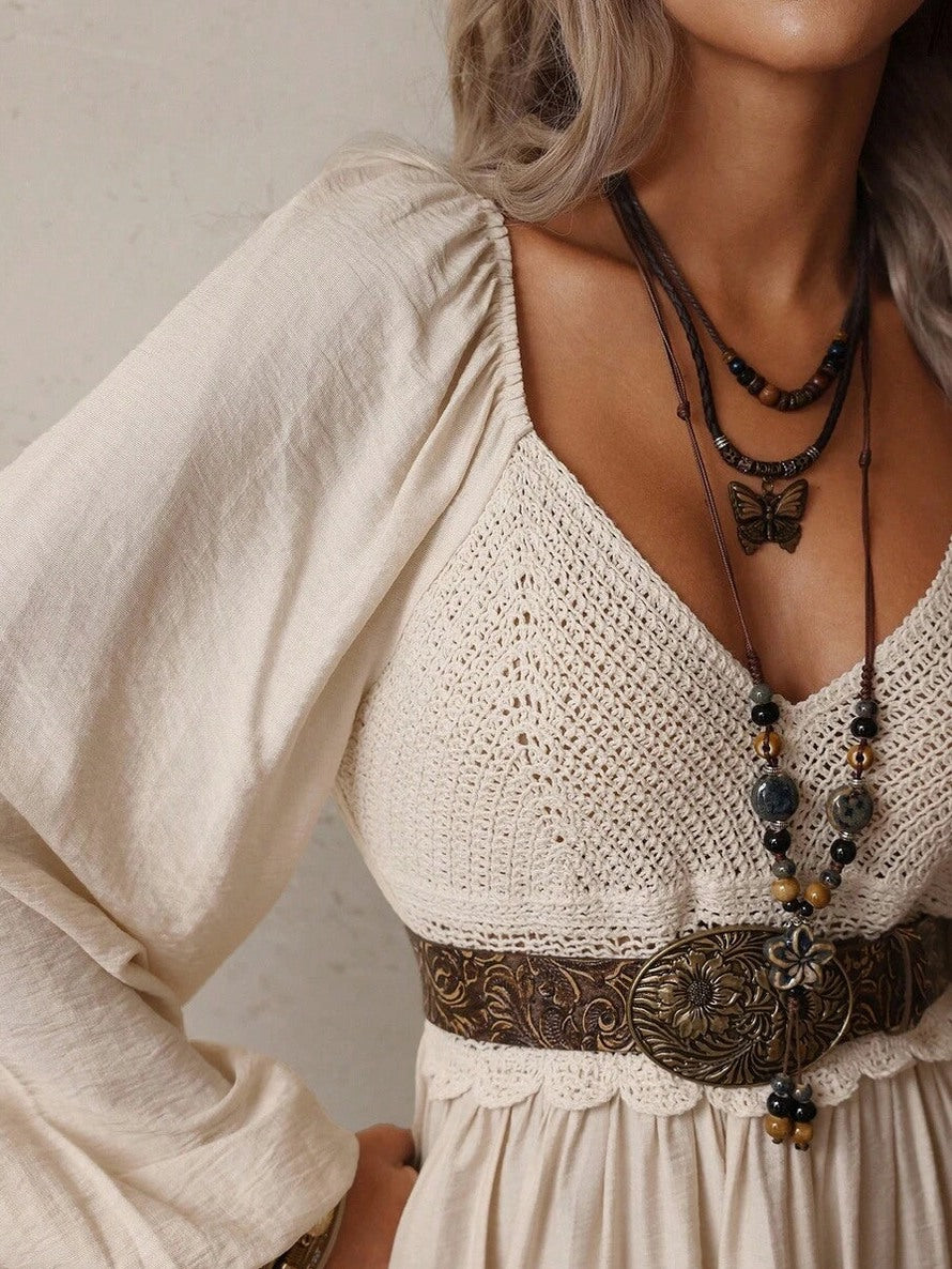 Crochet Long Sleeve Babydoll Mini Dress