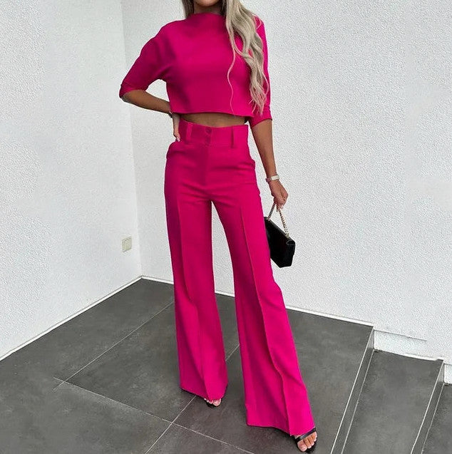 Crop Top and Wide Leg Pant Set in Fuchsia