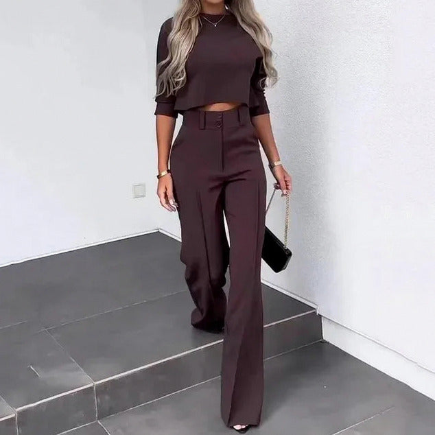 Crop Top and Wide Leg Pant Set in Chestnut Brown