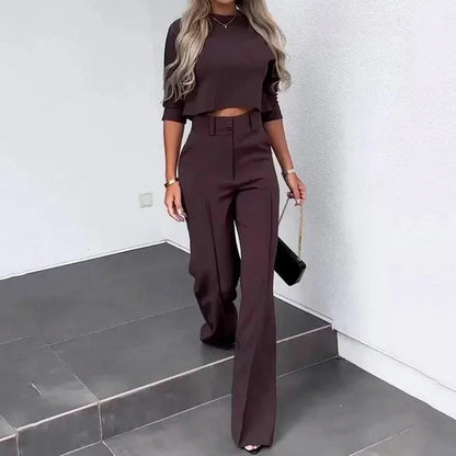 Crop Top and Wide Leg Pant Set in Chestnut Brown