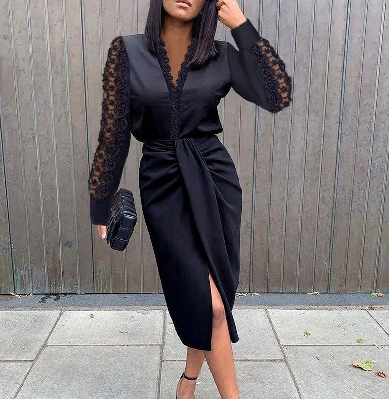 Lace Sleeve Ruched Midi Dress in Black