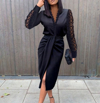 Lace Sleeve Ruched Midi Dress