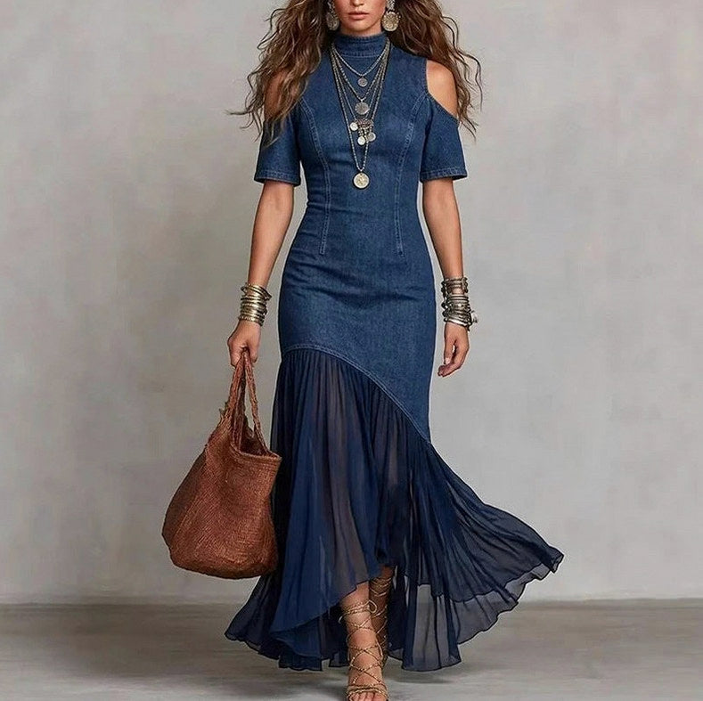Denim Cold Shoulder Maxi Dress in Dark Blue