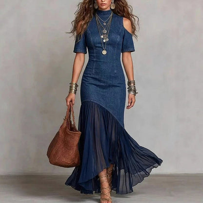 Denim Cold Shoulder Maxi Dress in Dark Blue
