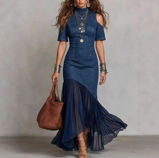 Denim Cold Shoulder Maxi Dress in Dark Blue