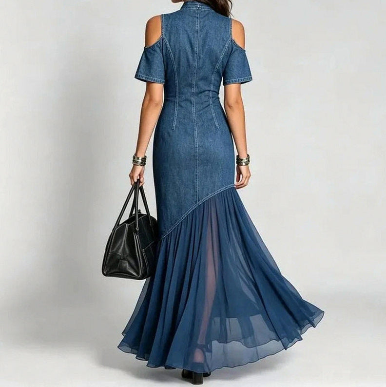 Denim Cold Shoulder Maxi Dress