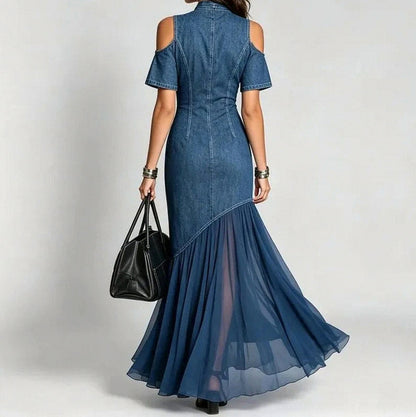 Denim Cold Shoulder Maxi Dress