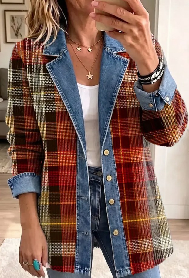 Denim Plaid Long Sleeve Shacket
