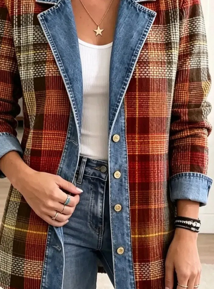 Denim Plaid Long Sleeve Shacket
