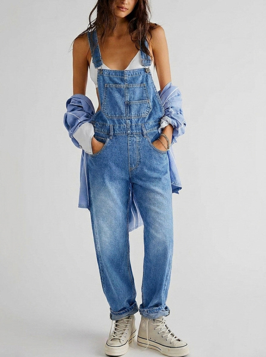 Denim Relaxed Overalls Jumpsuit in Denim Blue