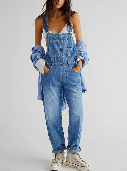 Denim Relaxed Overalls Jumpsuit in Denim Blue