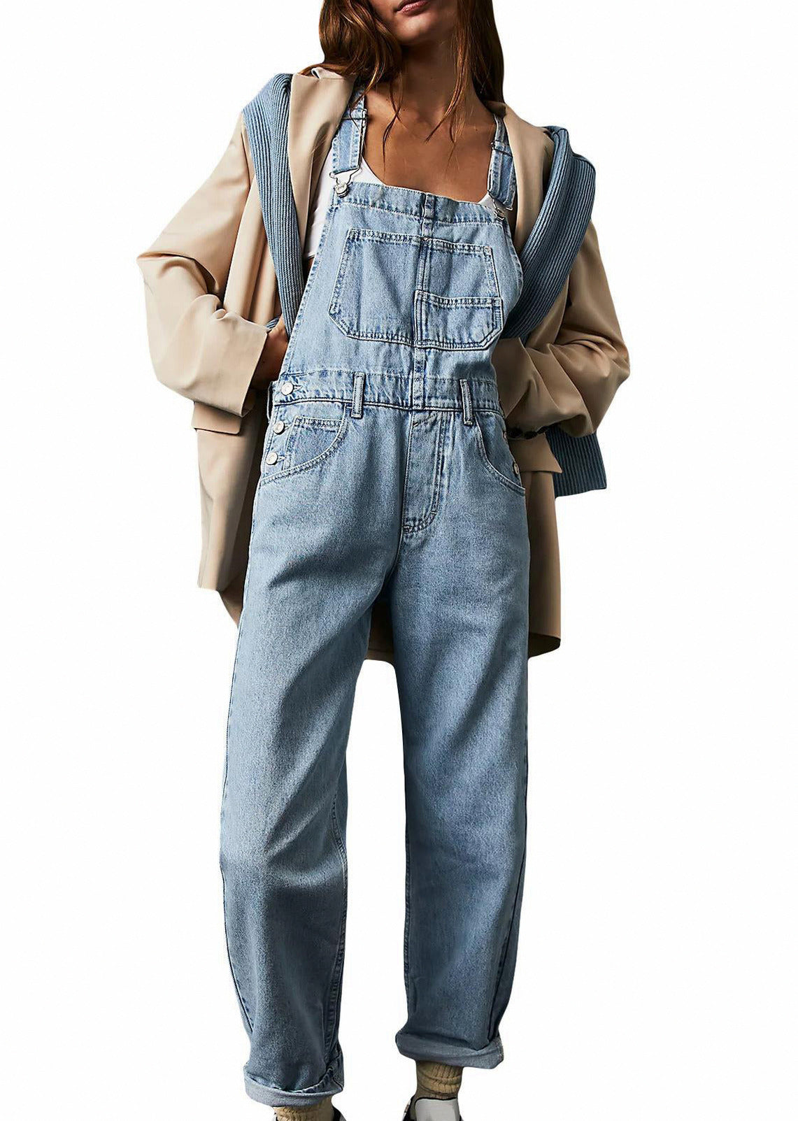 Denim Relaxed Overalls Jumpsuit in Light Blue
