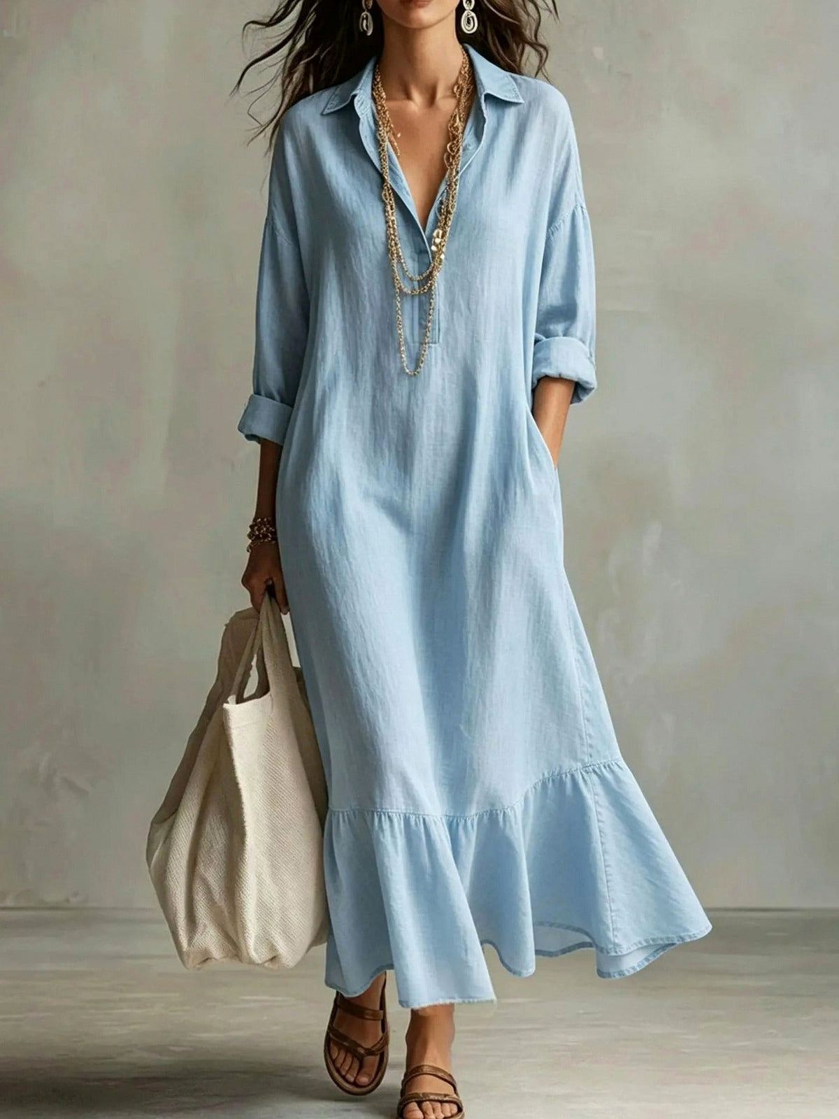 Long Sleeve Flounce Hem Maxi Shirt Dress in Sky Blue