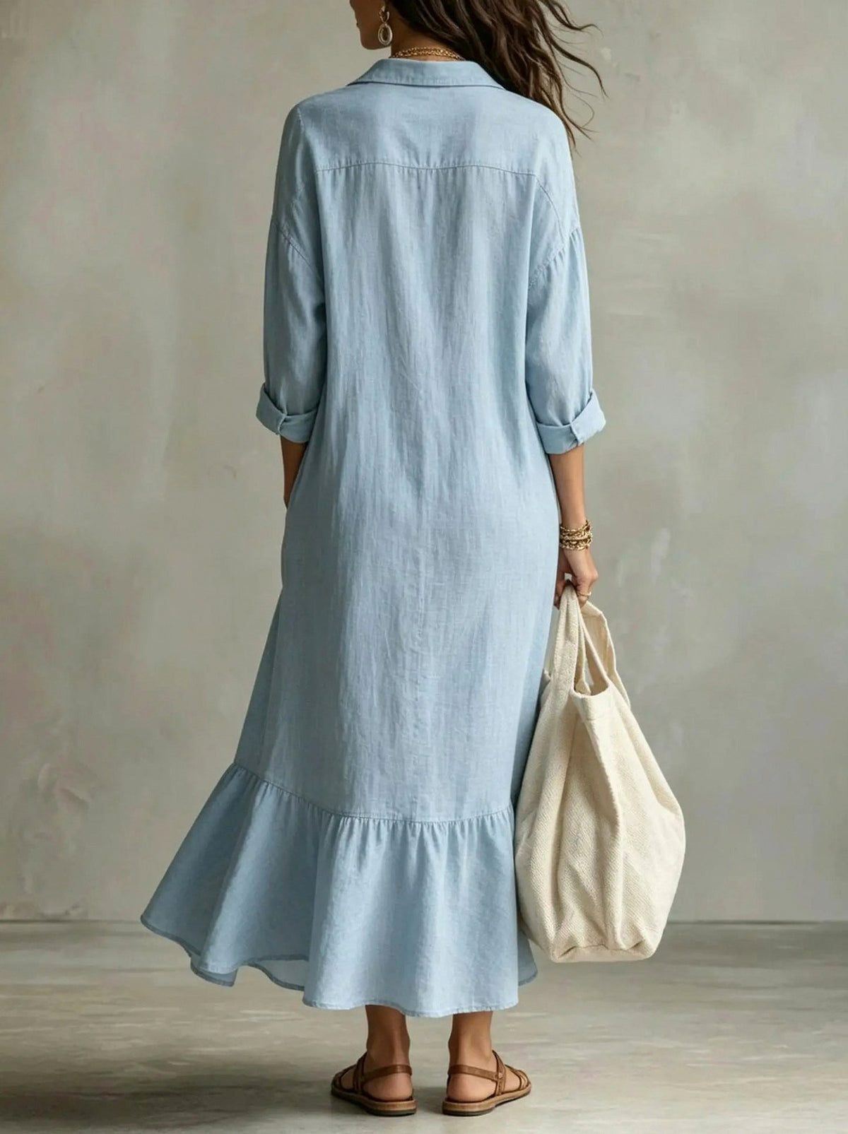 Long Sleeve Flounce Hem Maxi Shirt Dress
