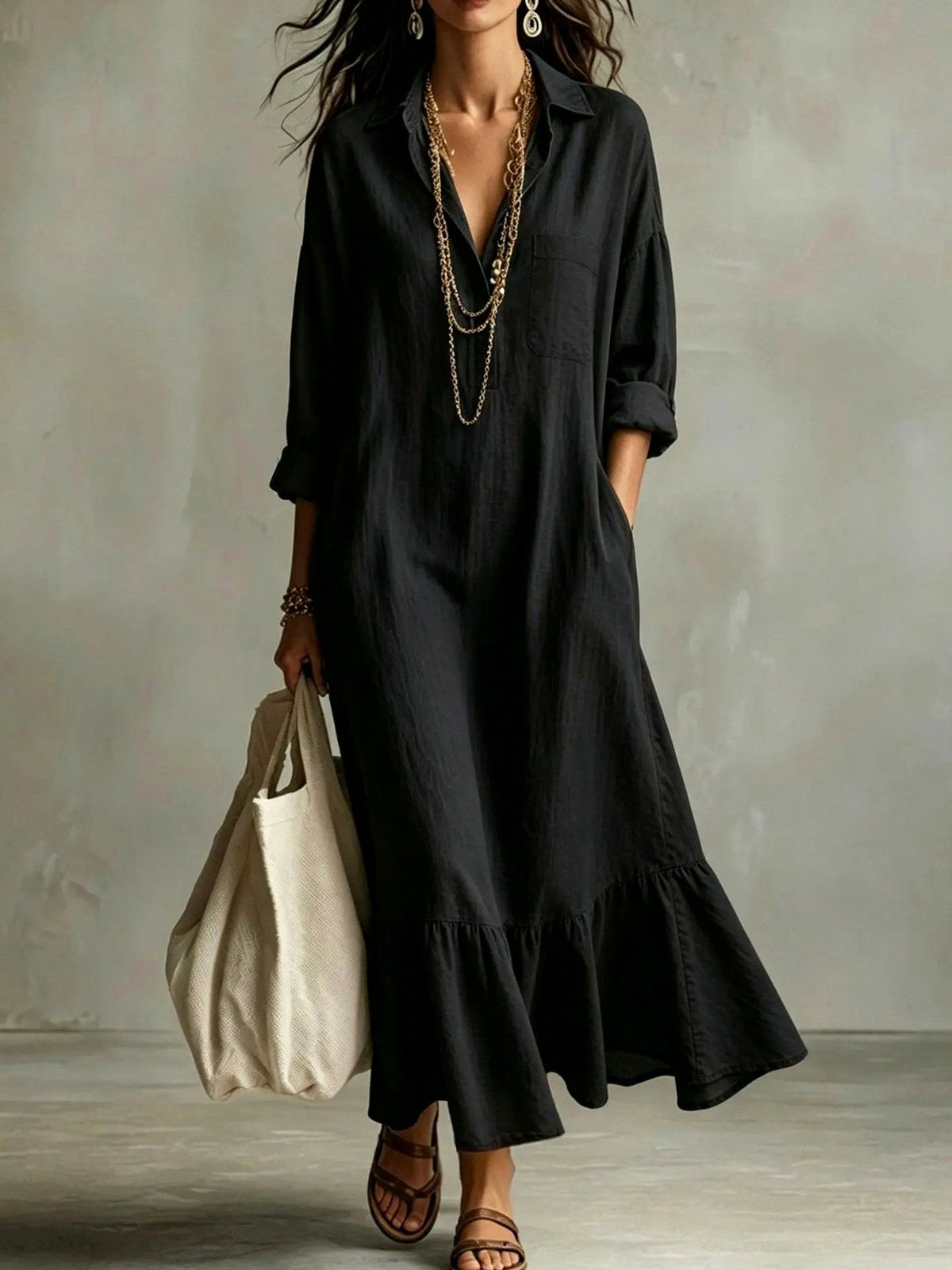 Long Sleeve Flounce Hem Maxi Shirt Dress in Black