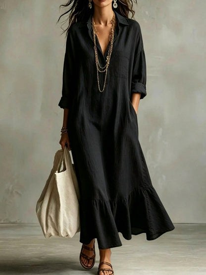 Long Sleeve Flounce Hem Maxi Shirt Dress in Black