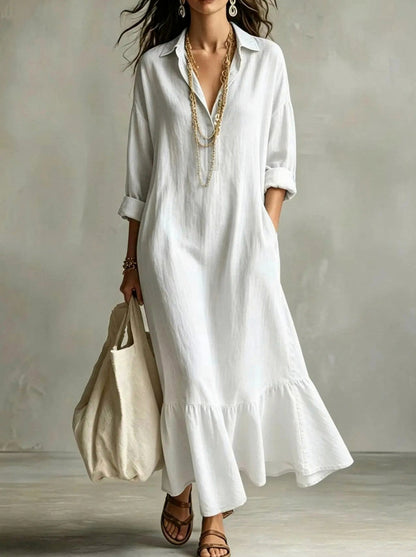 Long Sleeve Flounce Hem Maxi Shirt Dress in White