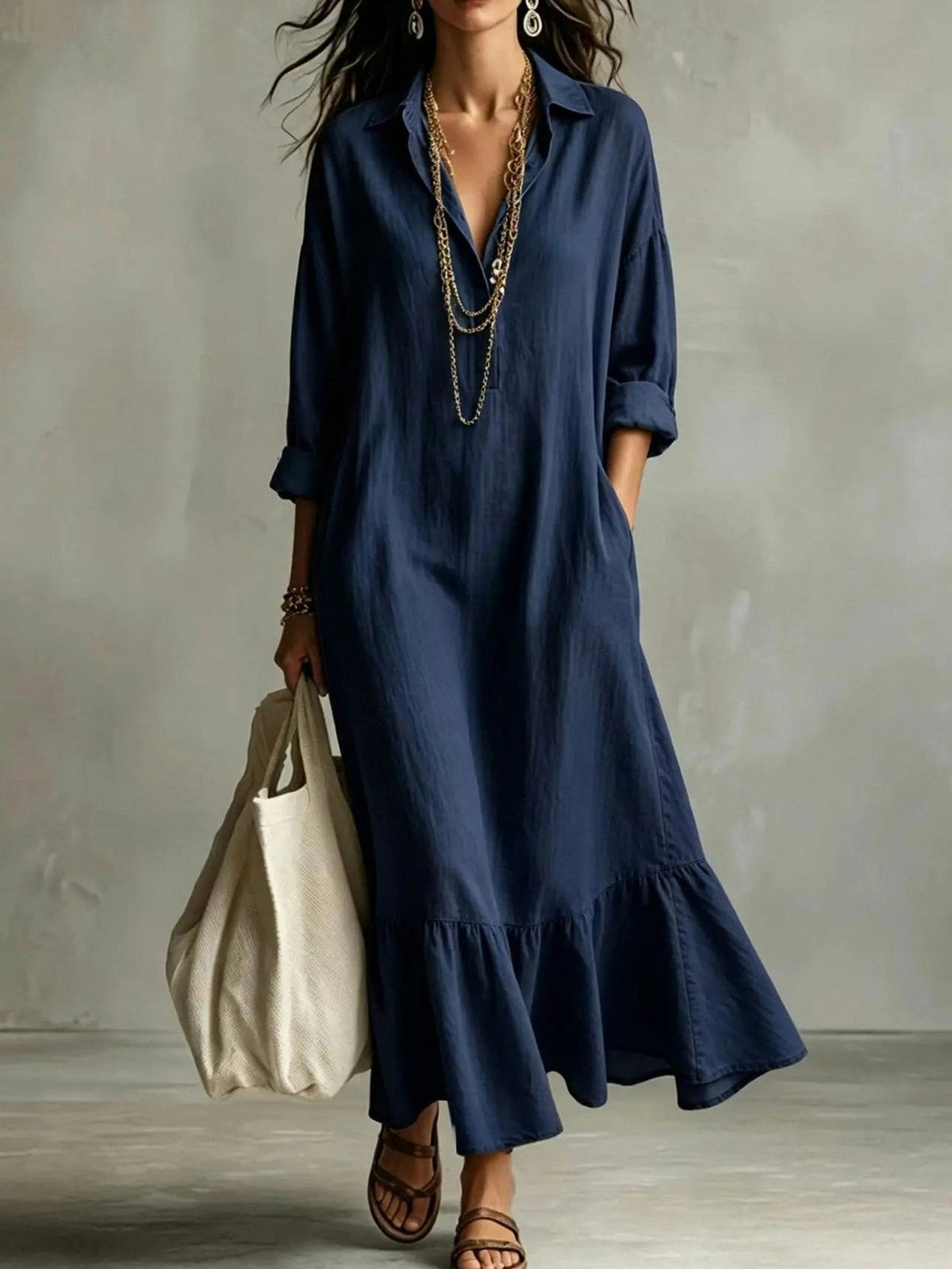 Long Sleeve Flounce Hem Maxi Shirt Dress in Navy Blue