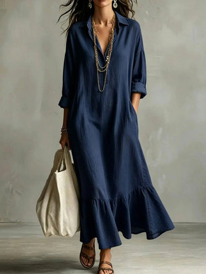 Long Sleeve Flounce Hem Maxi Shirt Dress in Navy Blue