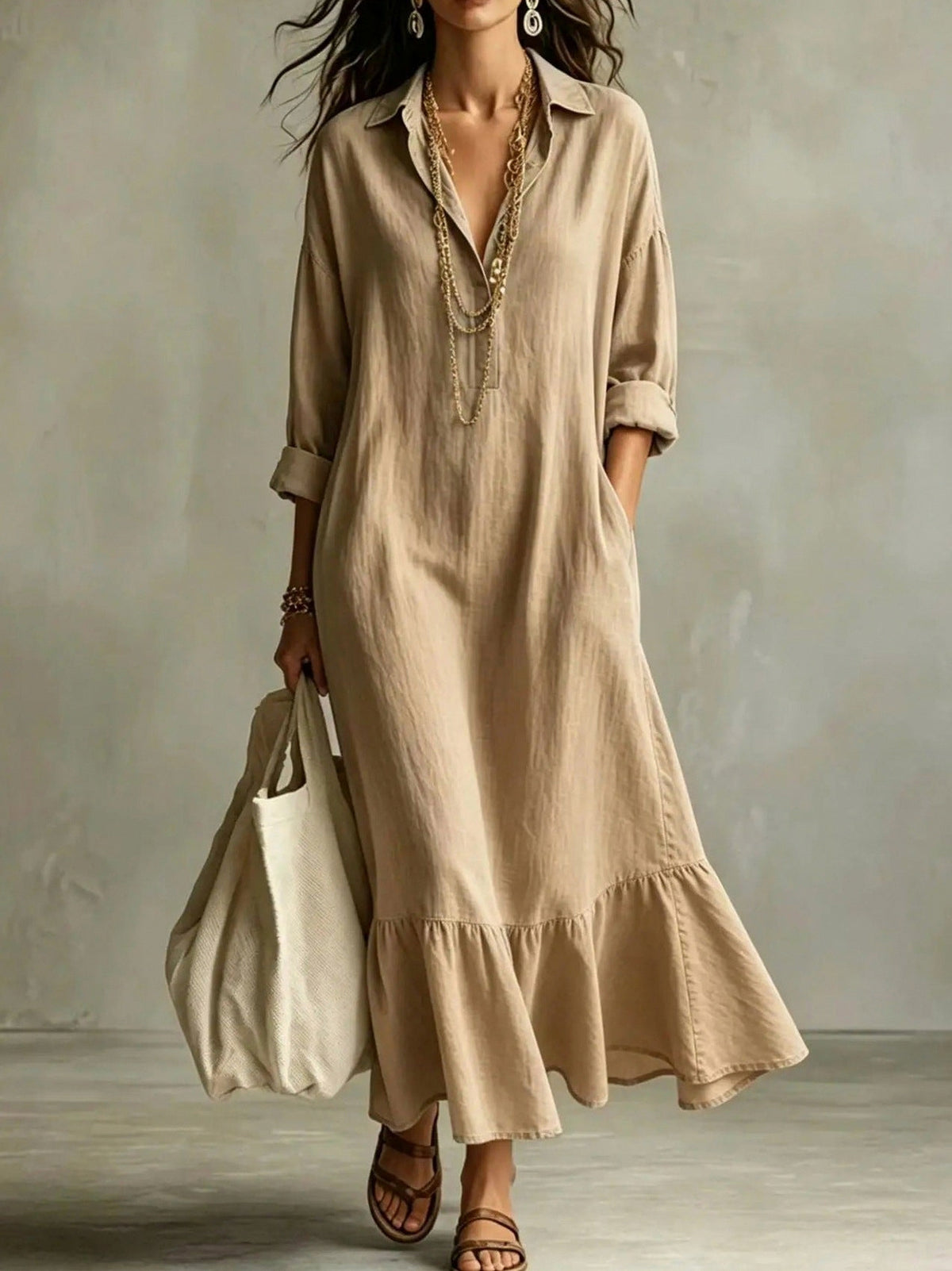 Long Sleeve Flounce Hem Maxi Shirt Dress in Khaki