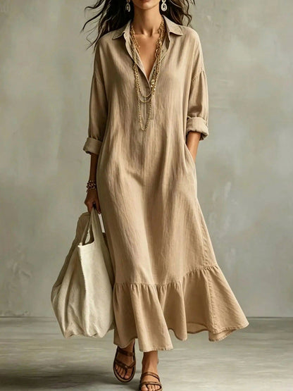 Long Sleeve Flounce Hem Maxi Shirt Dress in Khaki