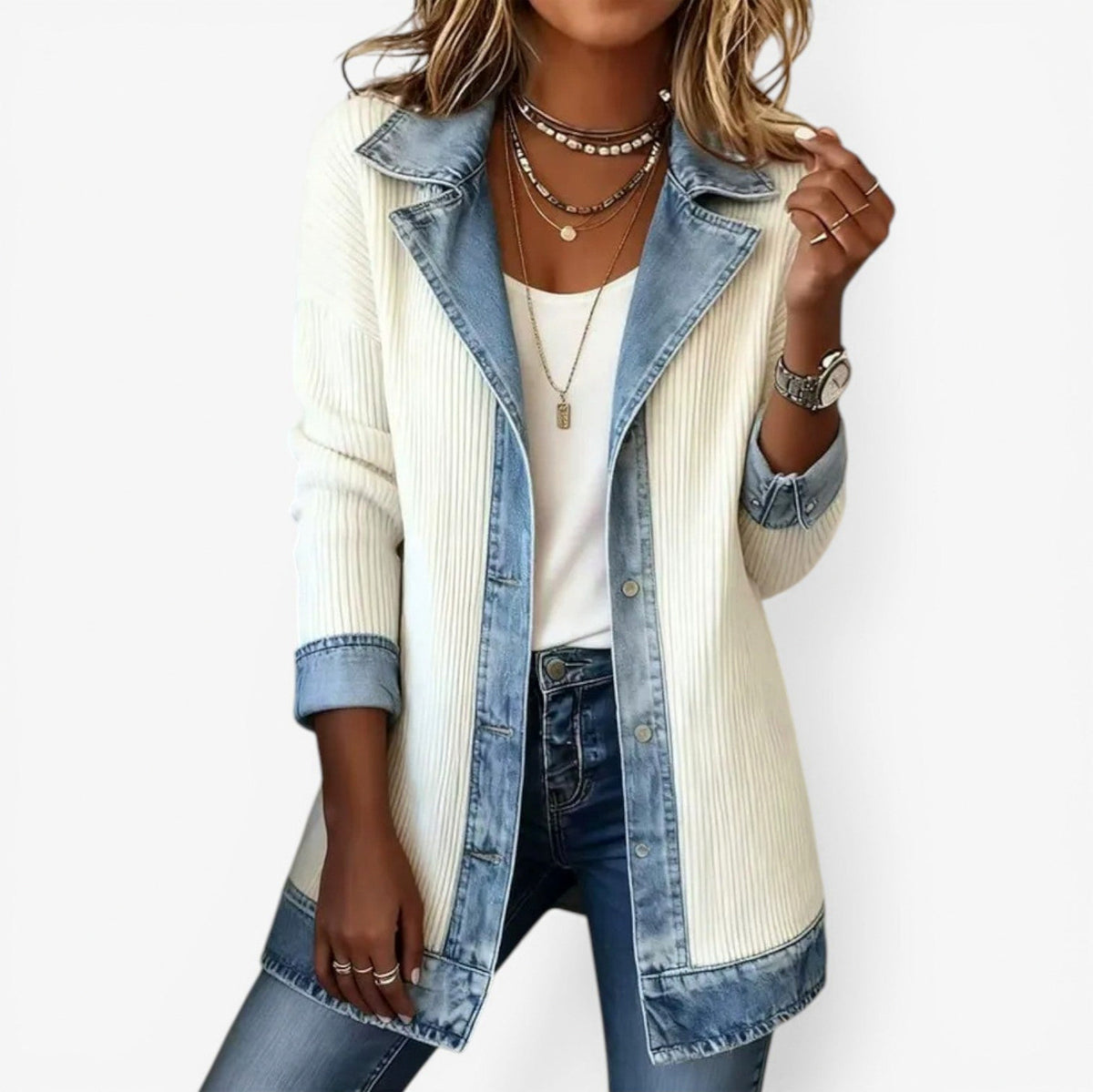 Denim Trim Ribbed Cardigan in White