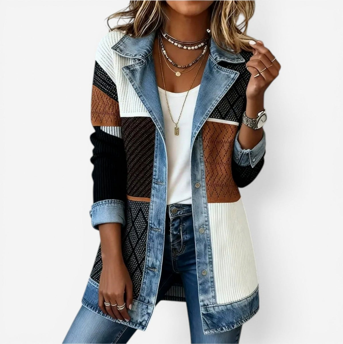Denim Trim Ribbed Cardigan in Multicolor