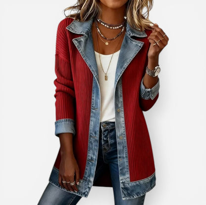 Denim Trim Ribbed Cardigan in Red