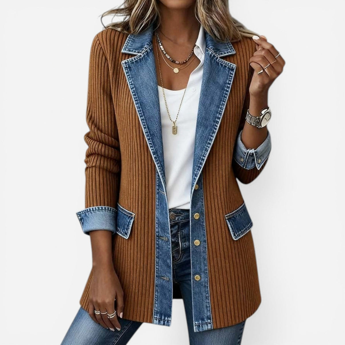 Denim Trim Ribbed Cardigan in Khaki