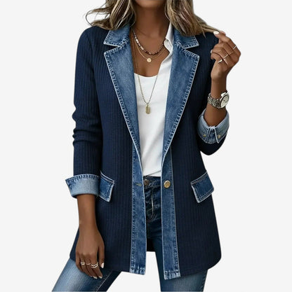 Denim Trim Ribbed Cardigan in Navy Blue