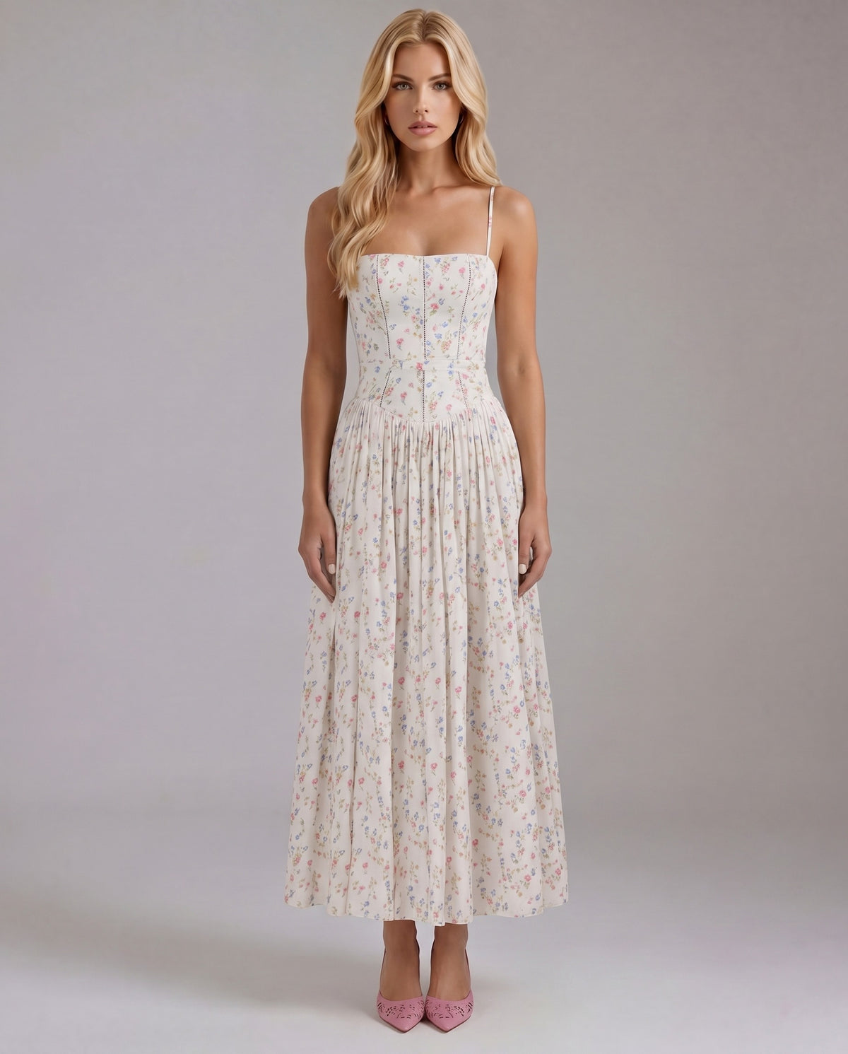 Ditsy Floral Drop Waist Maxi Dress in Ivory