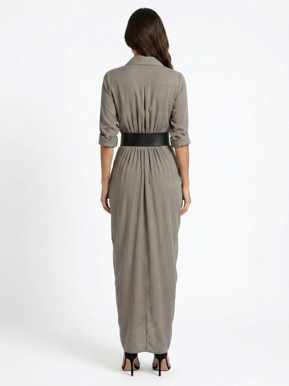 Draped Pleated Maxi Shirt Dress