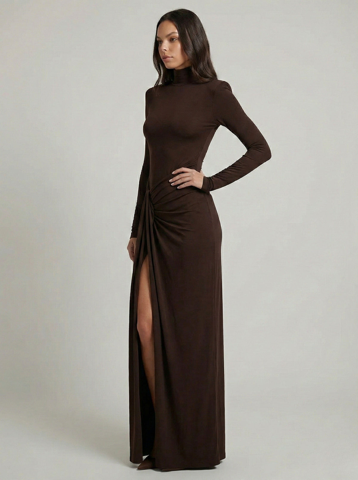 Draped Ruched Long Sleeve Maxi Dress