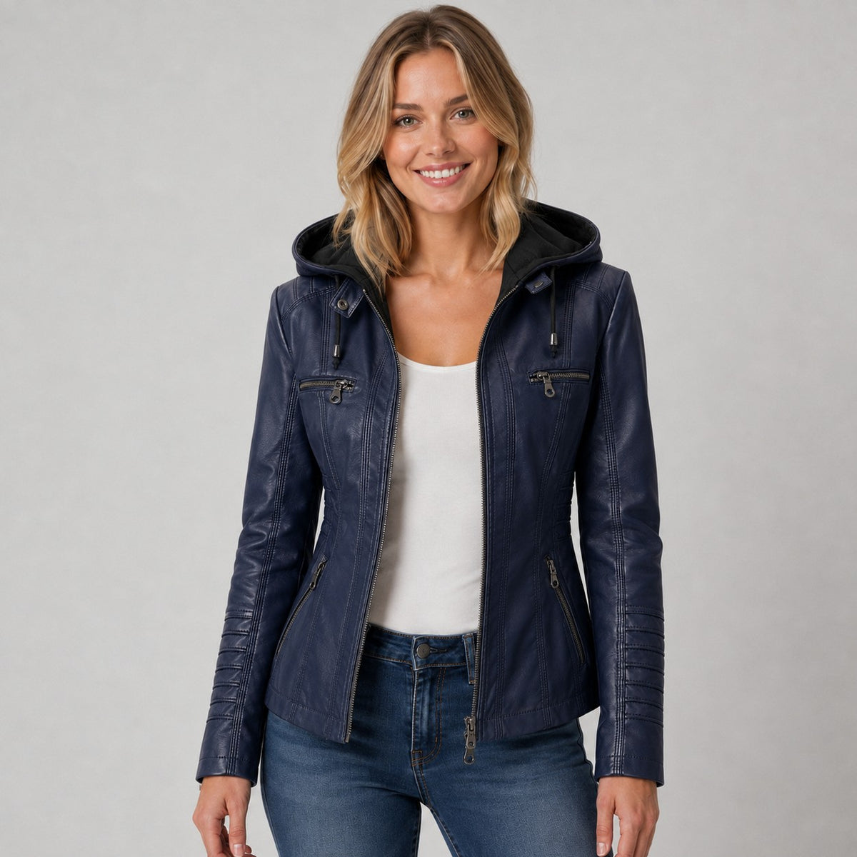 Faux Leather Hooded Moto Jacket in Navy Blue