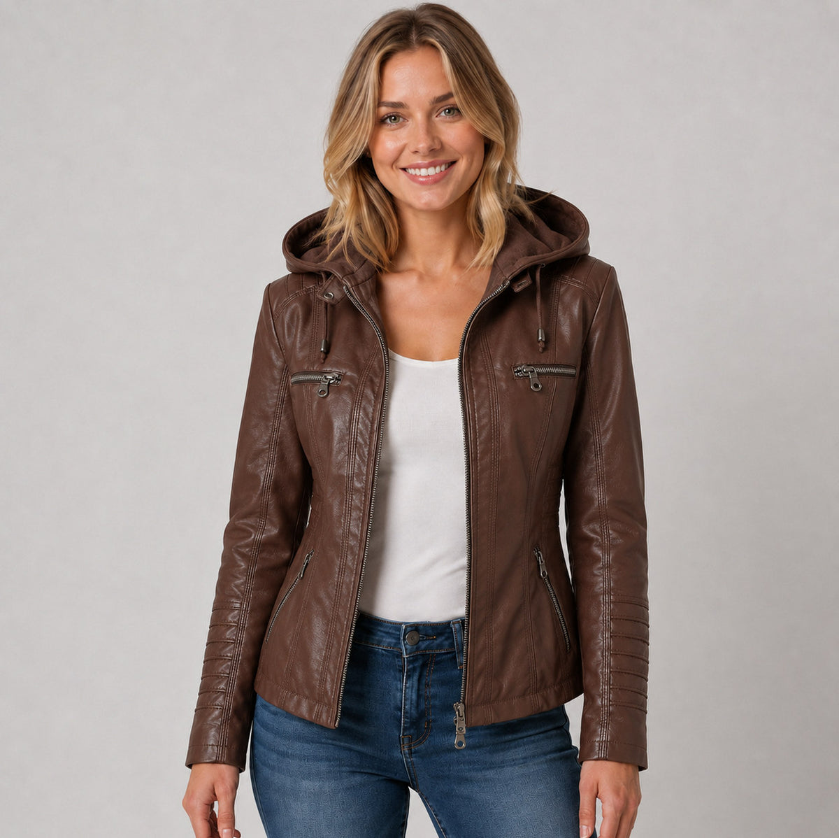 Faux Leather Hooded Moto Jacket in Coffee