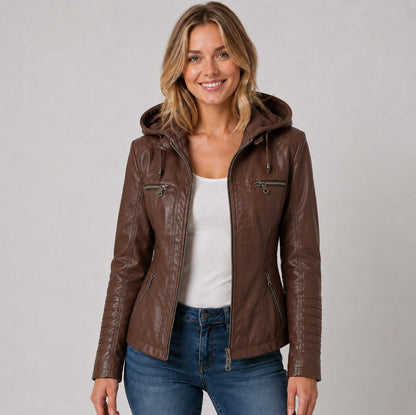 Faux Leather Hooded Moto Jacket in Coffee