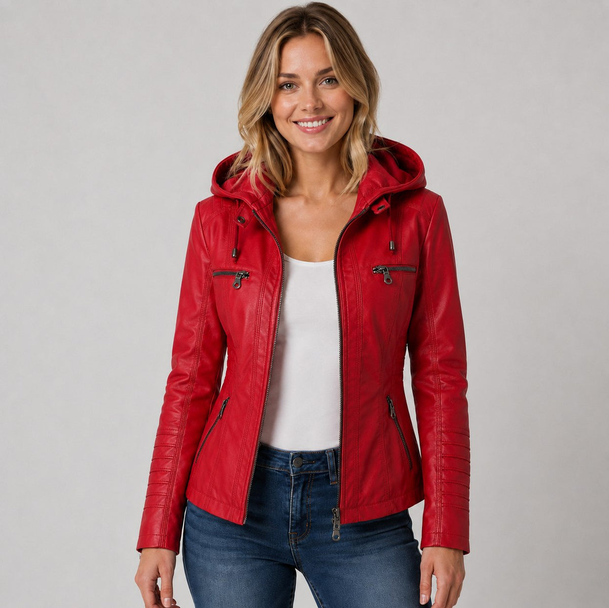 Faux Leather Hooded Moto Jacket in Red