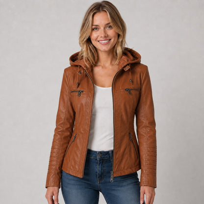 Faux Leather Hooded Moto Jacket in Camel