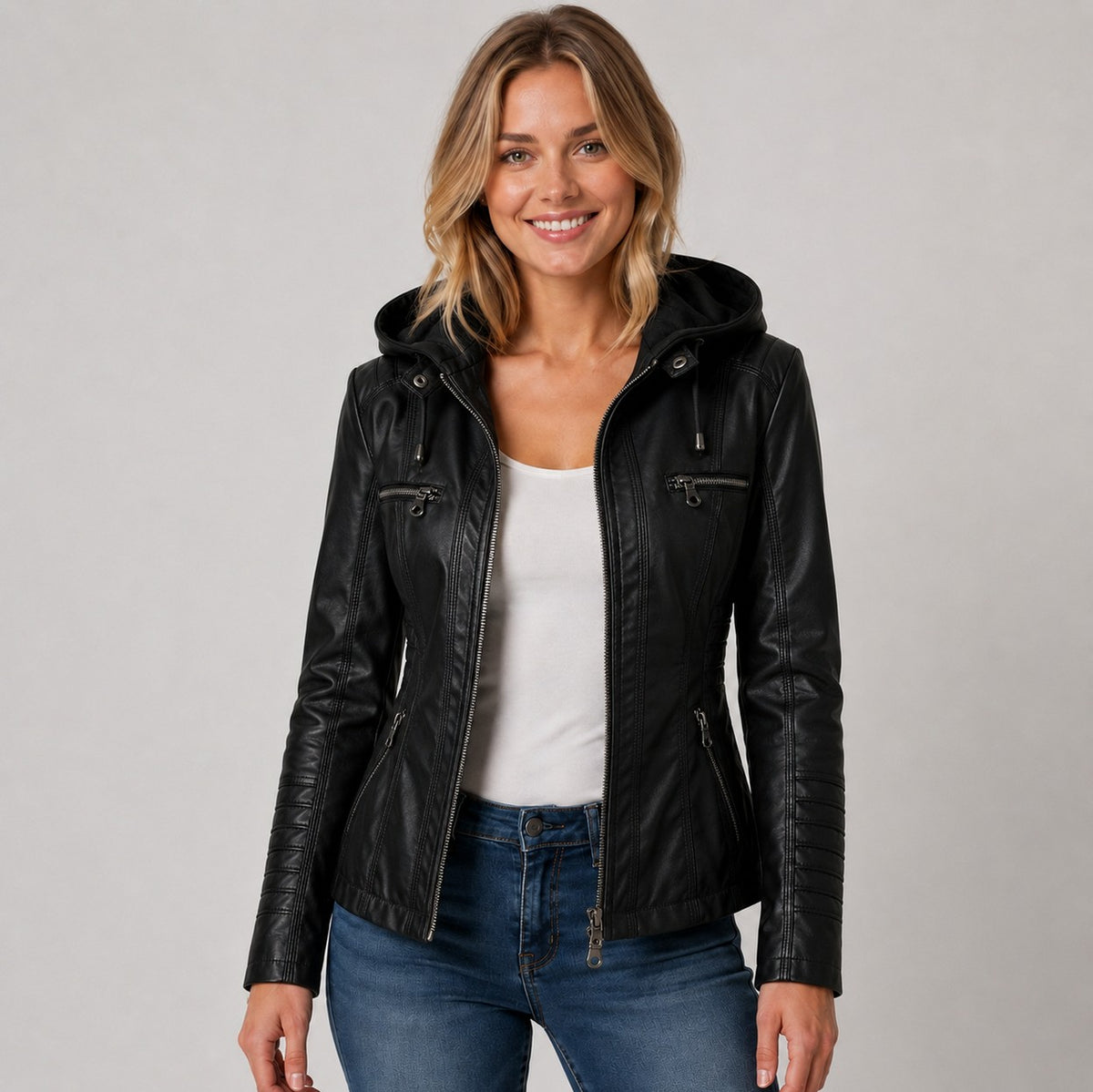 Faux Leather Hooded Moto Jacket in Black